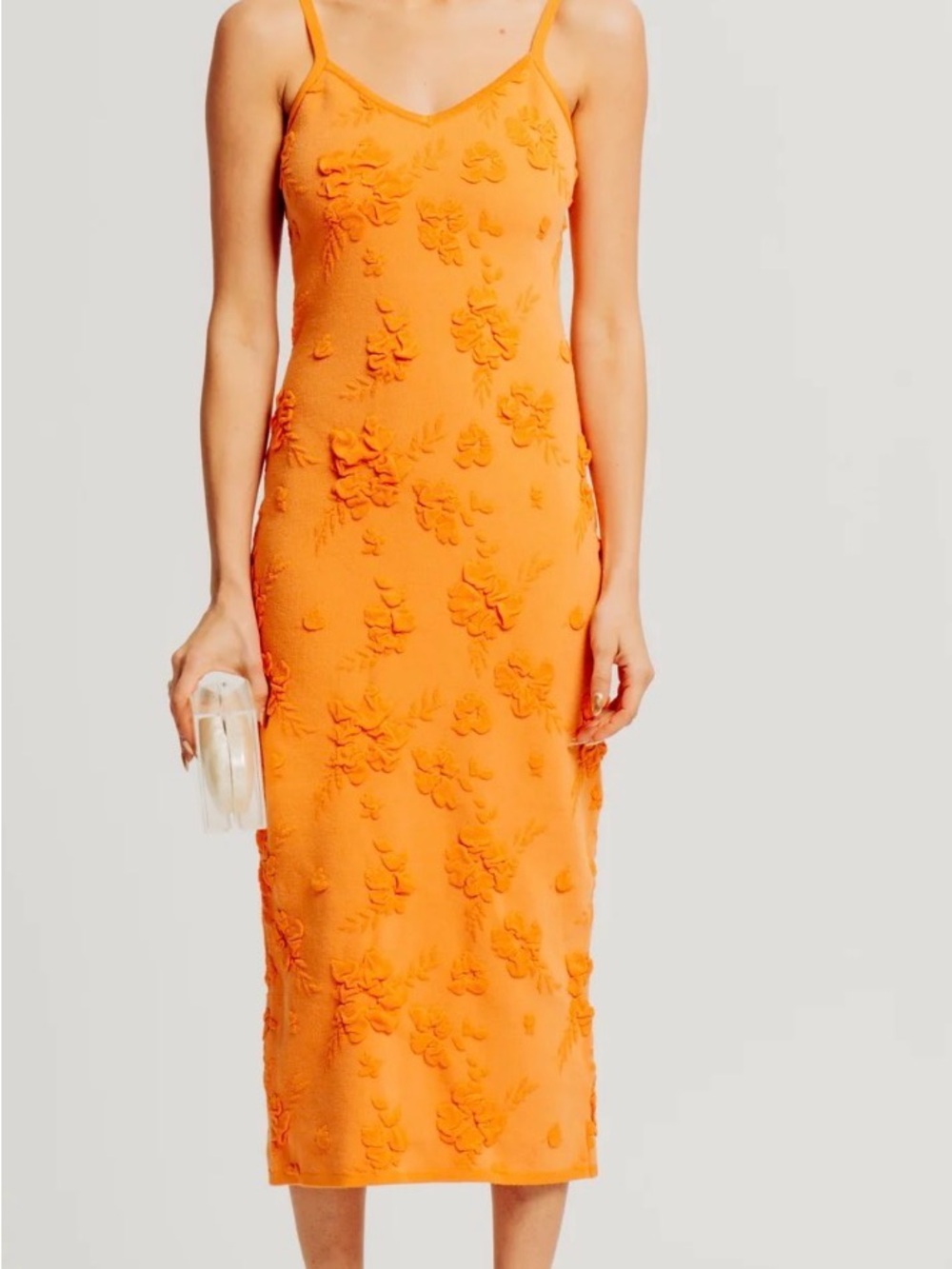 Torn by Ronny Kobo Sara Midi Dress Terracotta Orange Floral Fitted Knit